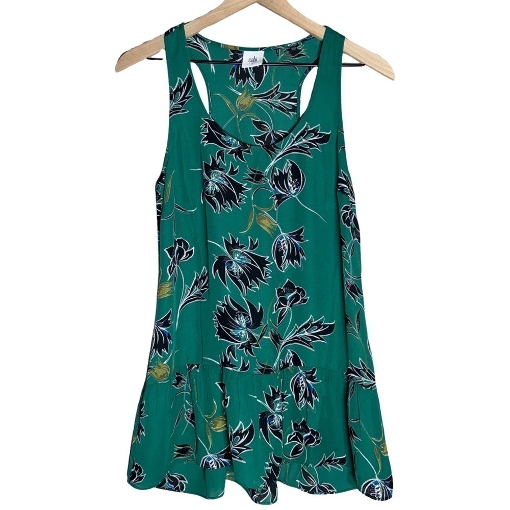 CAbi Sleeveless Zoe Falling Flowers Peplum Top Green Black - Size S